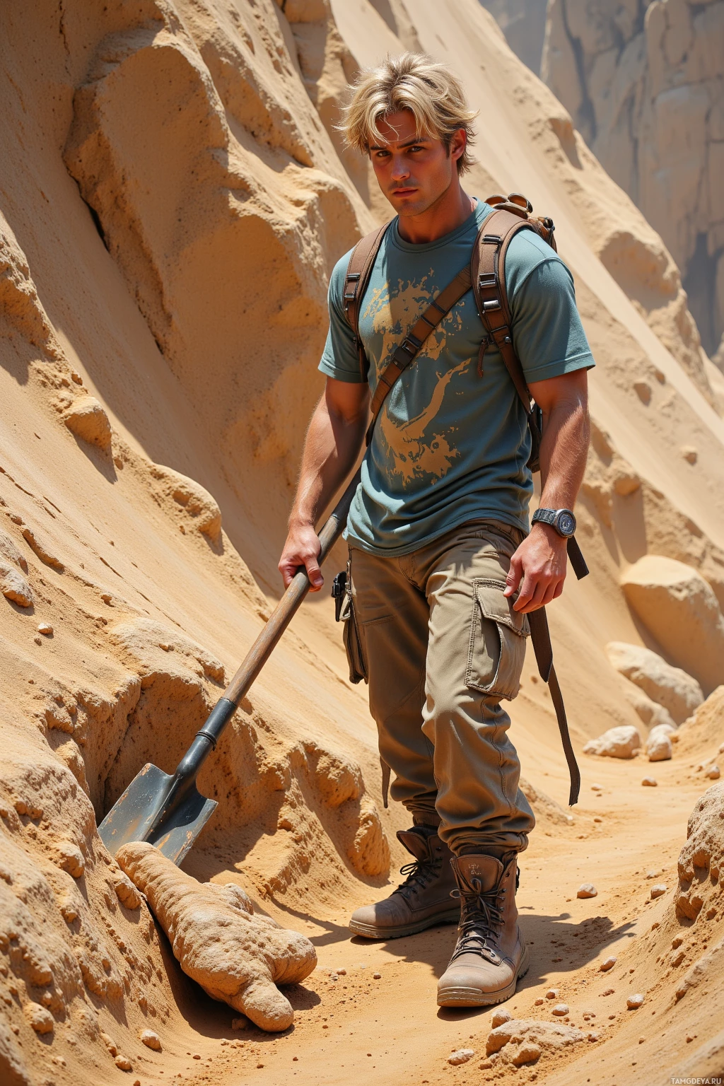 A person in a desert setting holding a shovel and wearing a backpack.