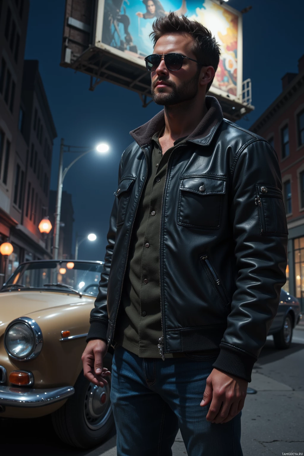 A man wearing sunglasses and a leather jacket stands on a city street at night with vintage cars in the background.