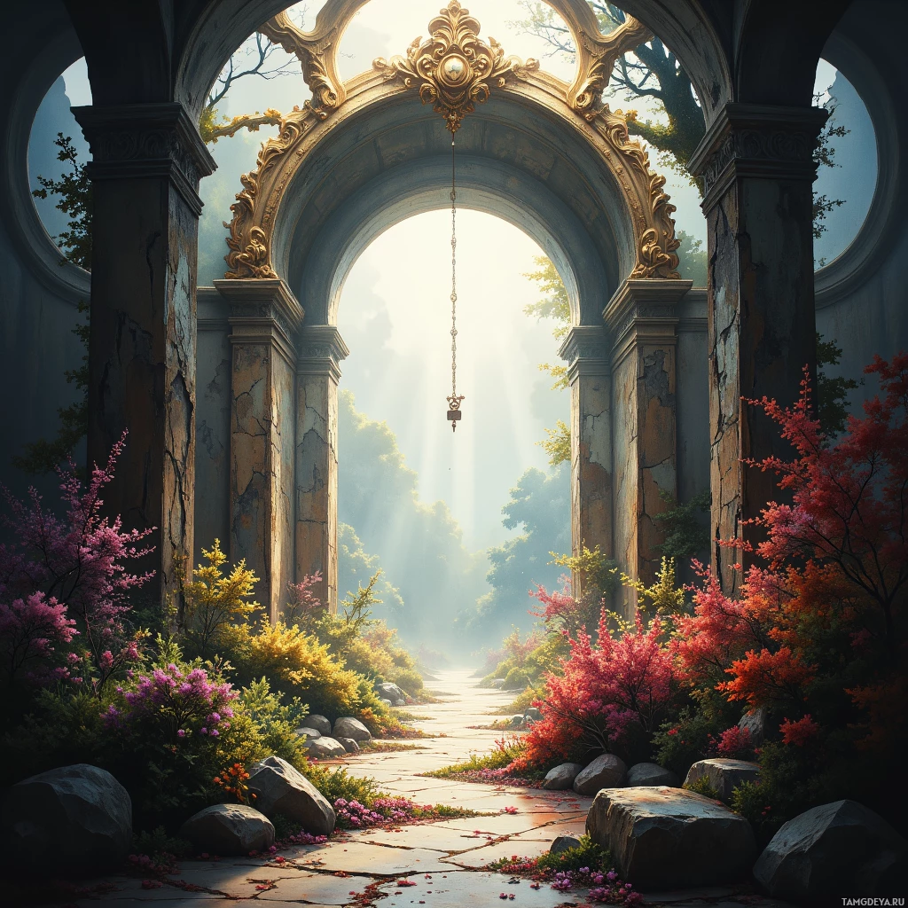 A grand archway with ornate gold detailing leads to a sunlit forest path surrounded by vibrant flowers and foliage.