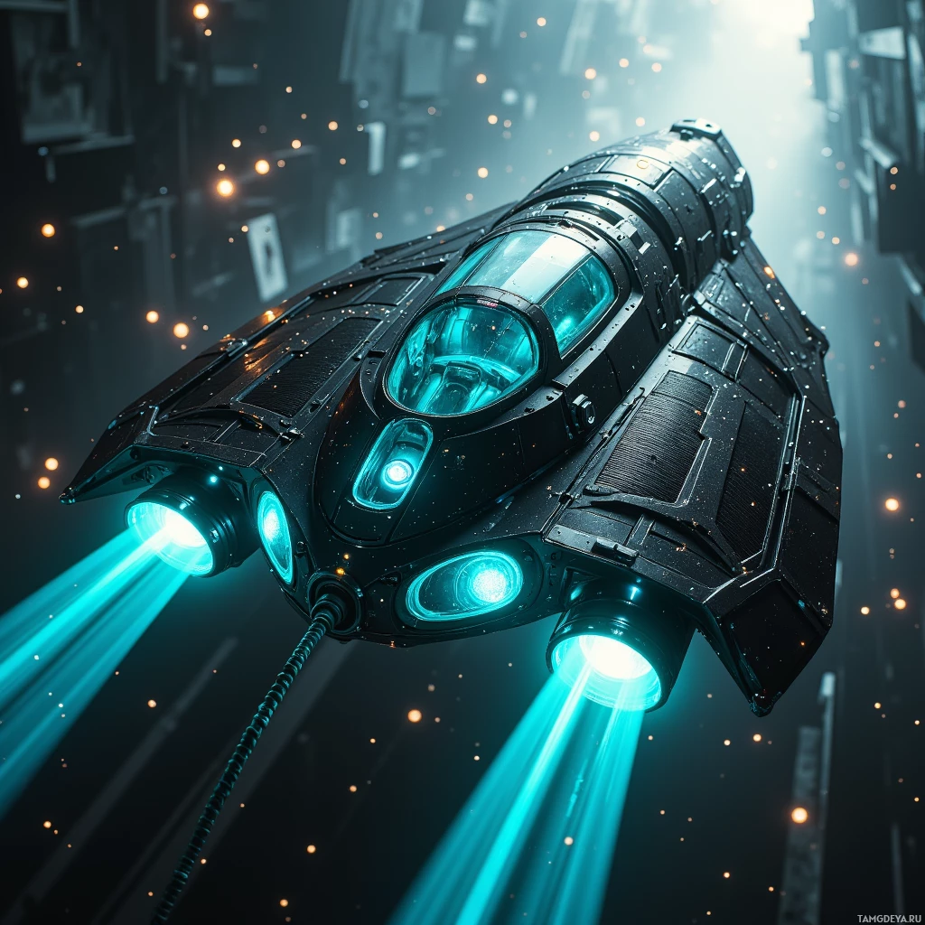 A futuristic spacecraft with glowing thrusters is flying through a cityscape.