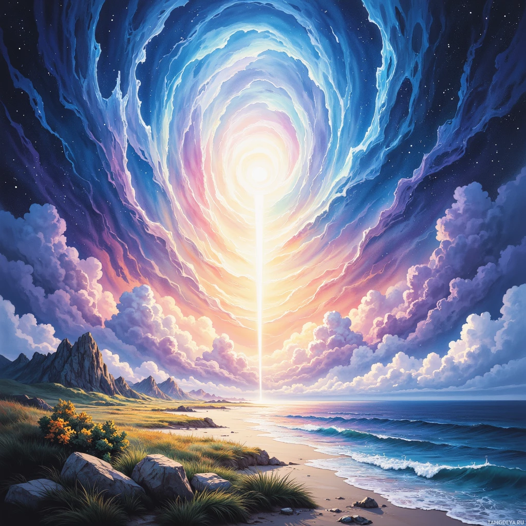 A surreal landscape featuring a vibrant sky with swirling clouds and a bright light beam descending towards a serene beach.