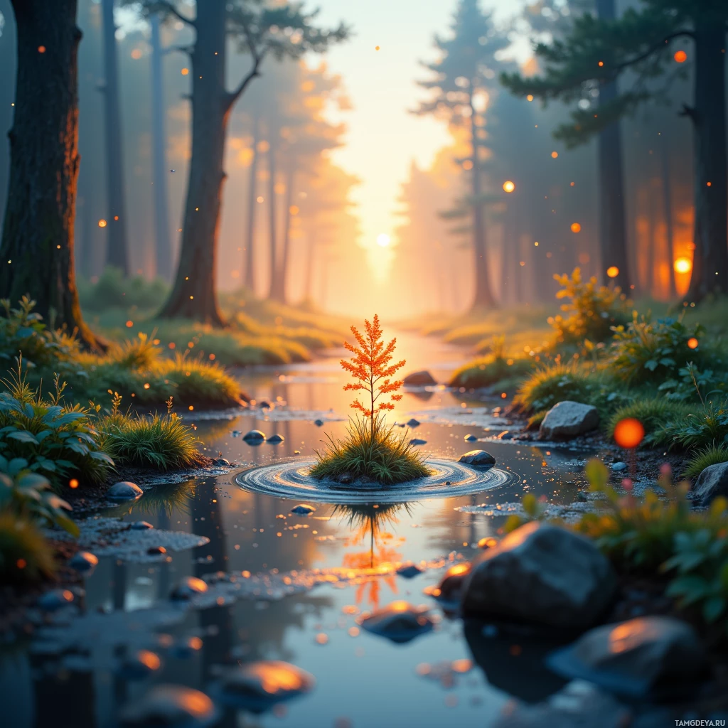A serene forest scene with a small tree growing in a stream at sunset.