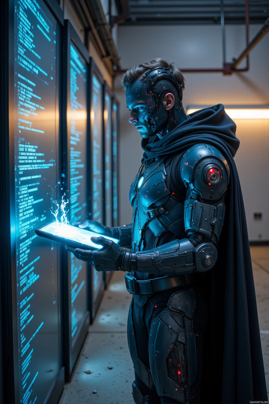 A person in futuristic armor holds a glowing tablet in a tech-laden environment.