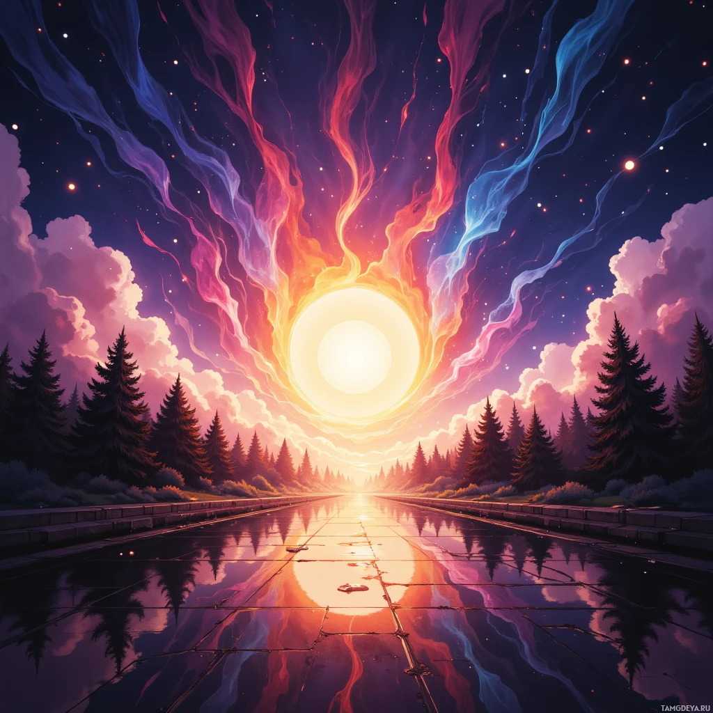 A vibrant, surreal landscape featuring a glowing sun surrounded by colorful, ethereal clouds and reflecting on a wet road bordered by tall trees.