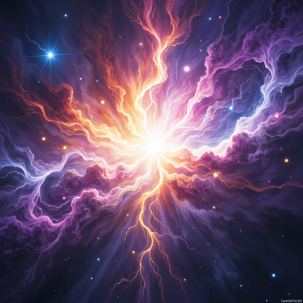 A vibrant cosmic scene featuring a bright starburst with swirling nebulae and scattered stars.