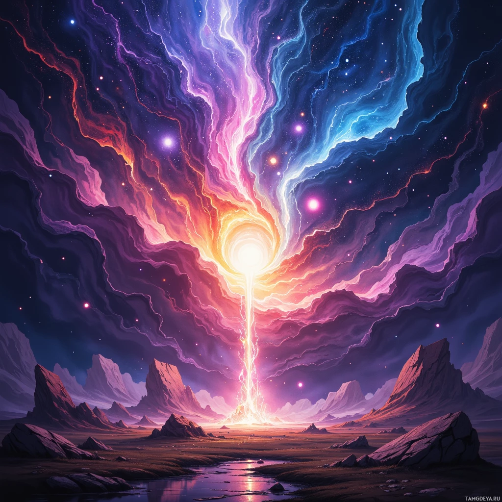 A vibrant, cosmic scene with a glowing portal in the center, surrounded by swirling colors and distant mountains.