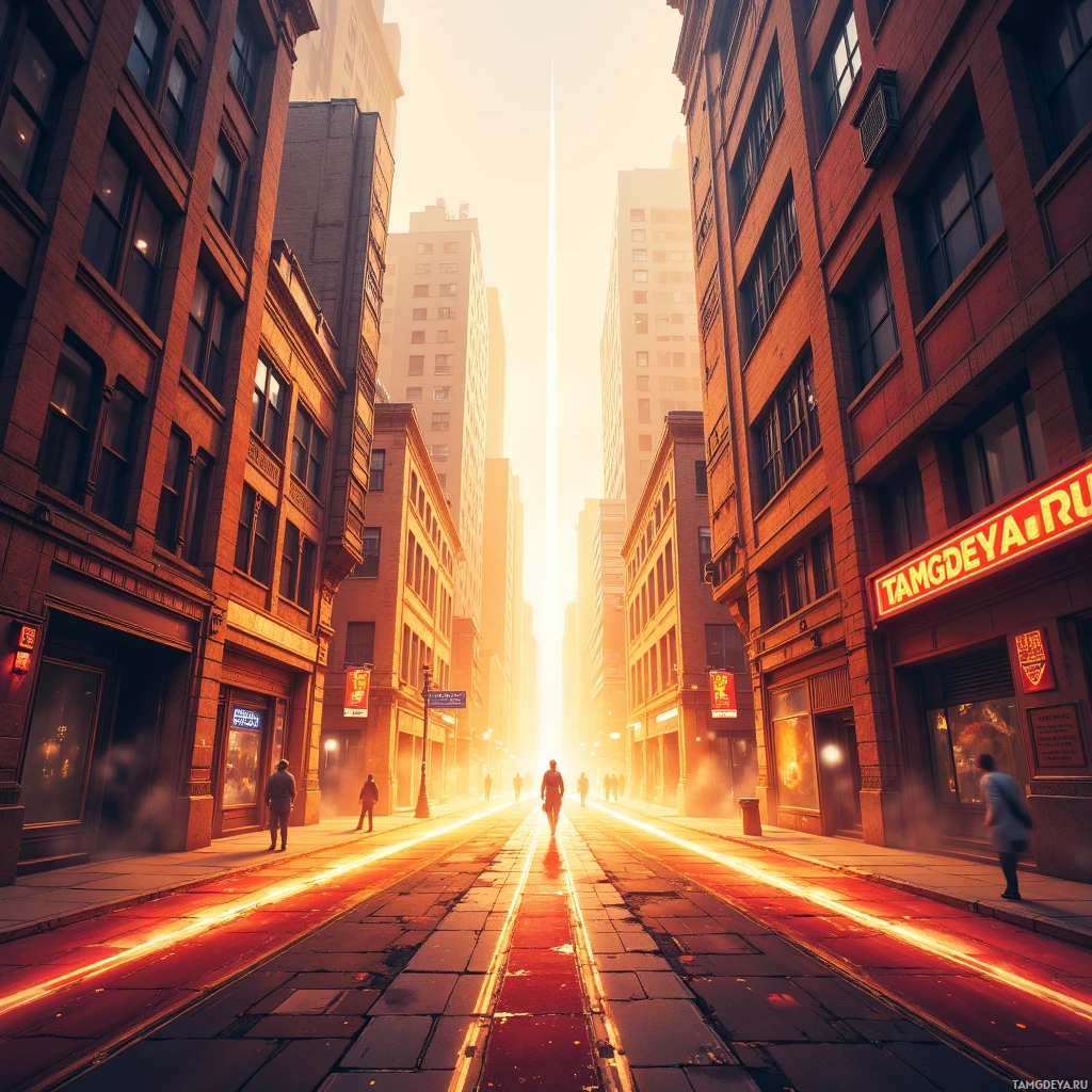 A city street bathed in golden light with tall buildings and a bright vertical beam of light at the horizon.