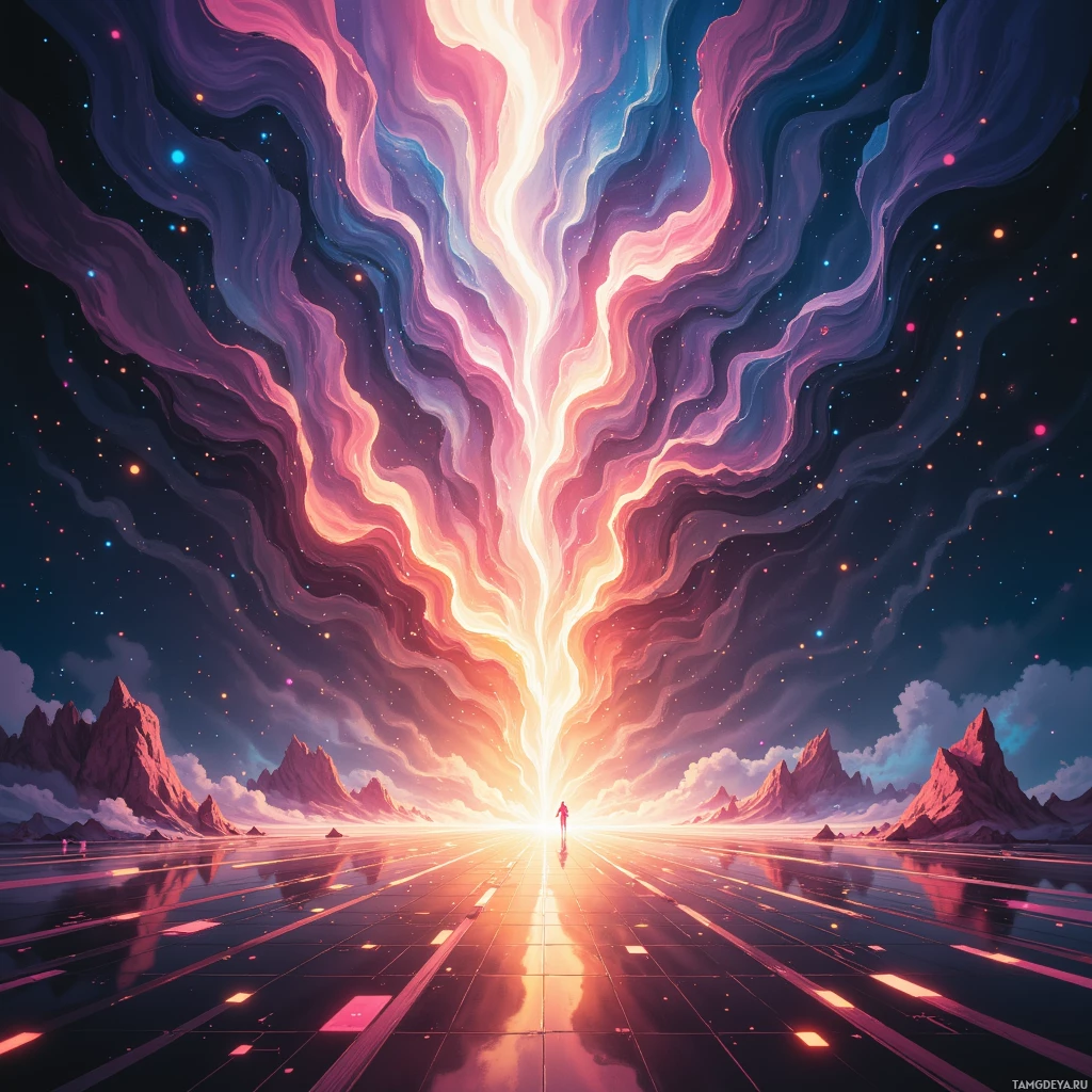 A vibrant, surreal landscape with a glowing light source at the horizon, reflecting on a smooth surface, surrounded by mountainous terrain and a starry sky.