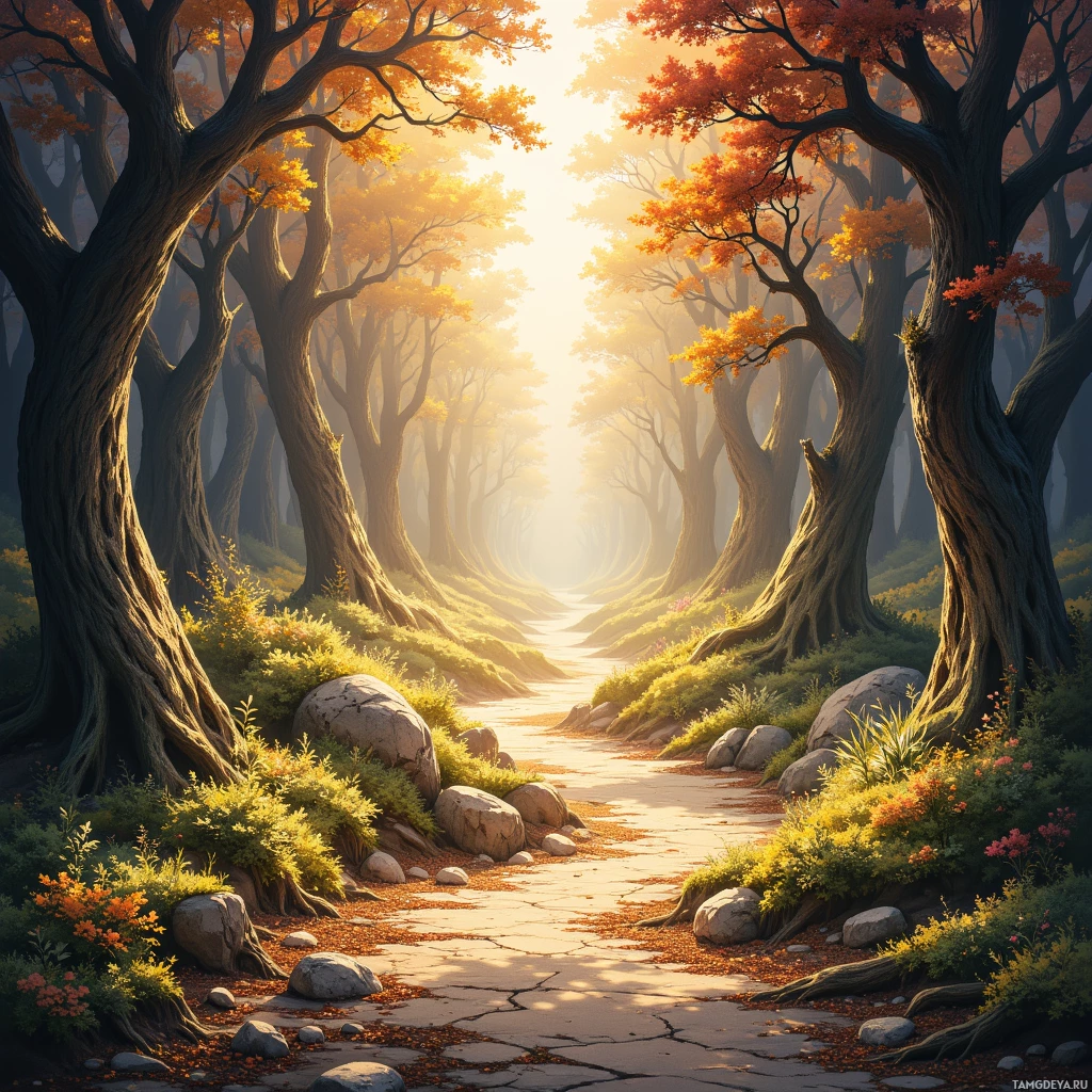 A serene forest path lined with autumn-colored trees and vibrant foliage.