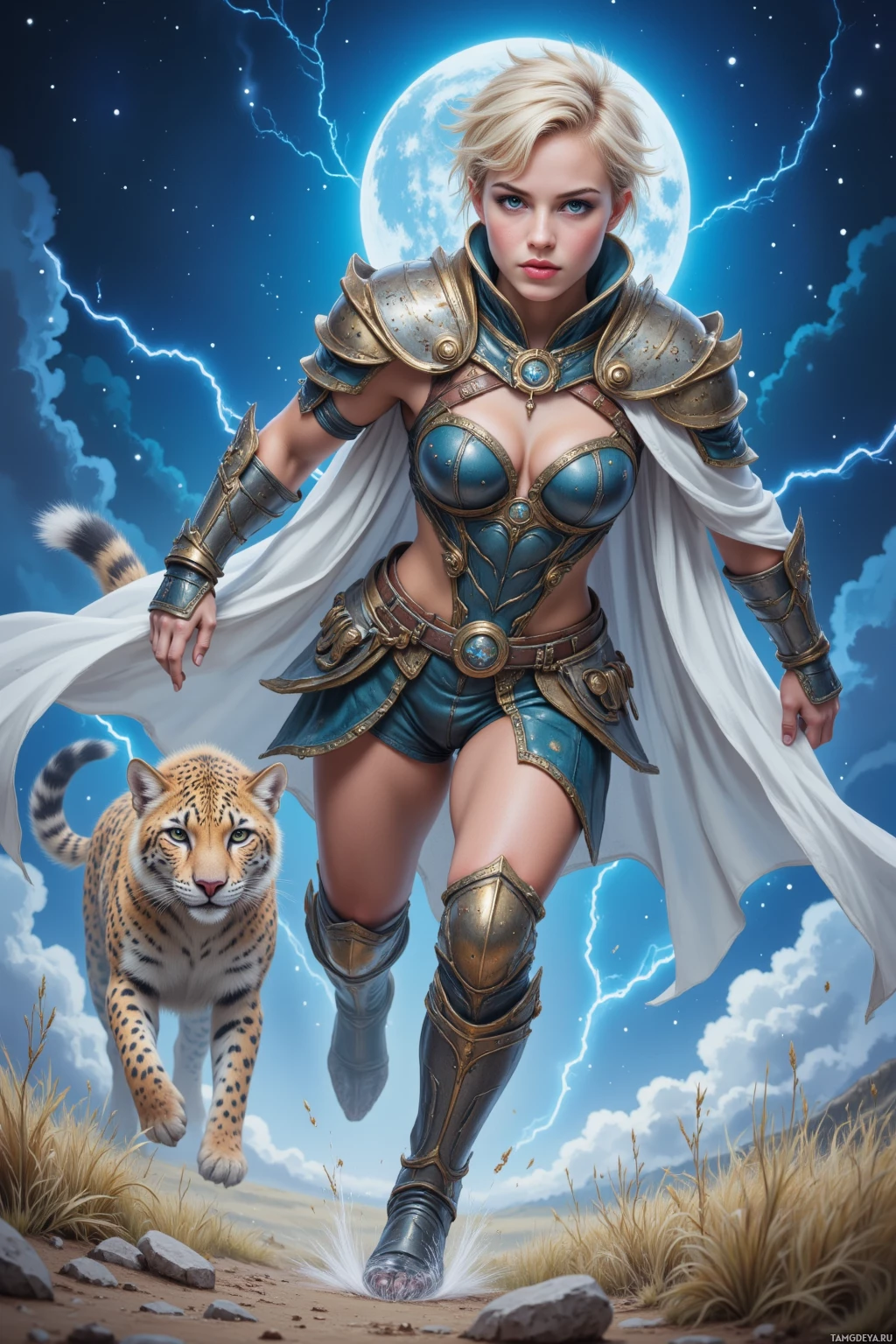 A warrior in ornate armor runs alongside a cheetah under a moonlit sky.