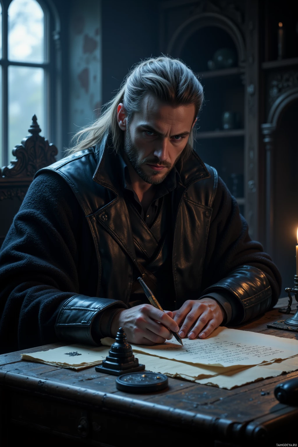 A man with long hair is writing on parchment at an old desk in a dimly lit room.