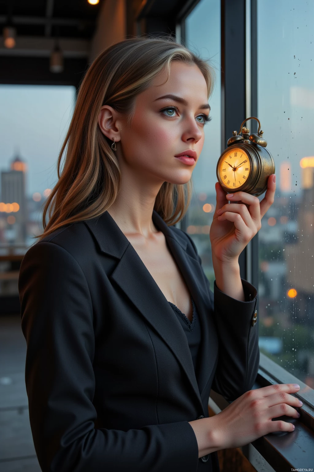 A person in a black blazer holds a small, illuminated clock near a window.