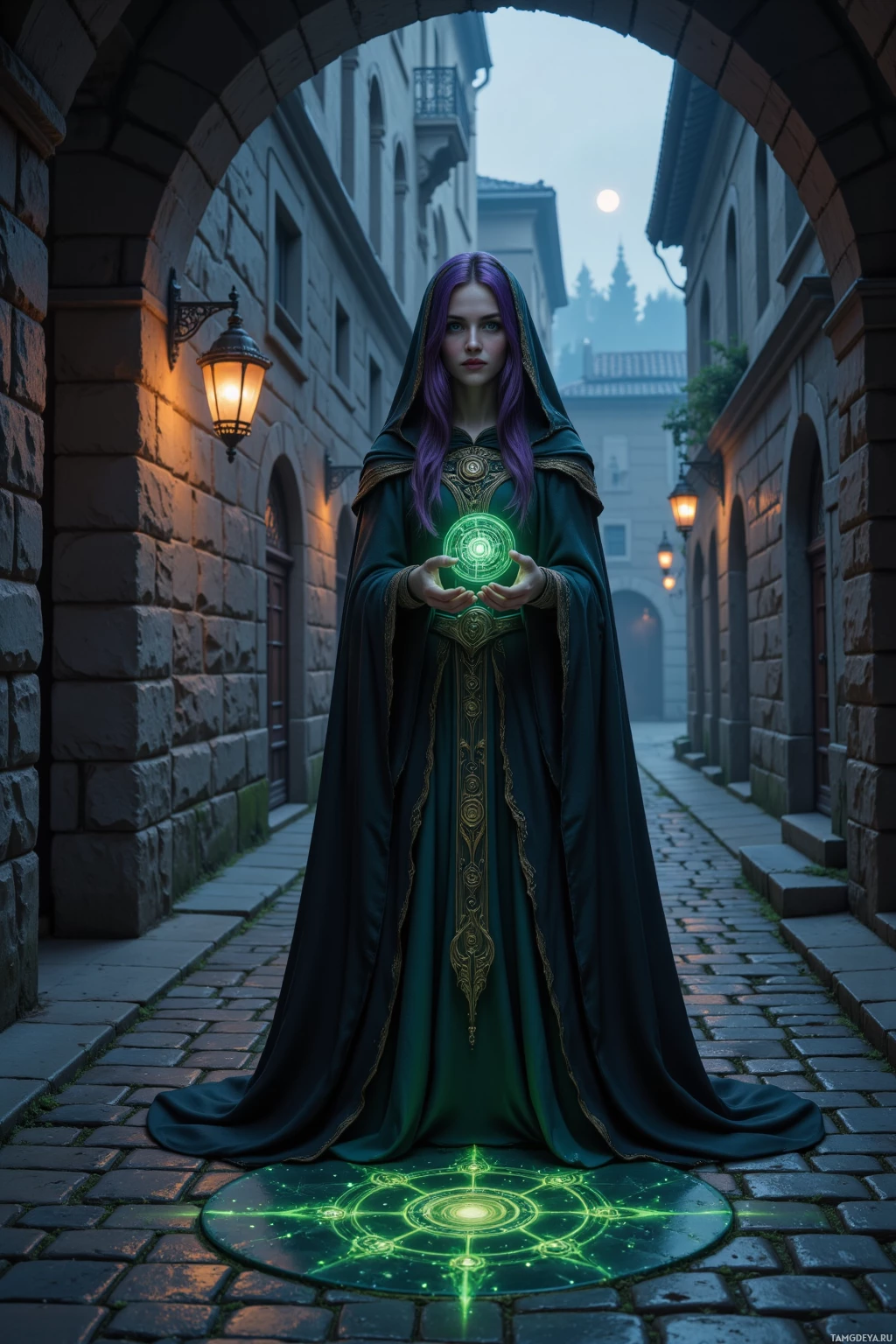 A person in an elaborate green robe stands on a cobblestone street under an archway, holding a glowing circular object above their hands.