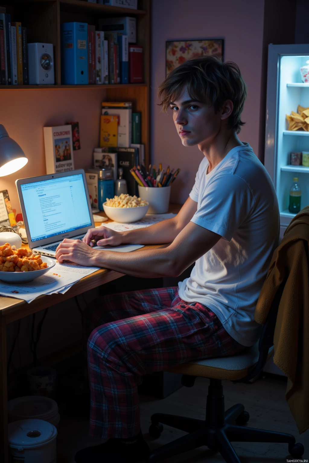 A person in pajamas sits at a desk, working on a laptop with snacks and books around.