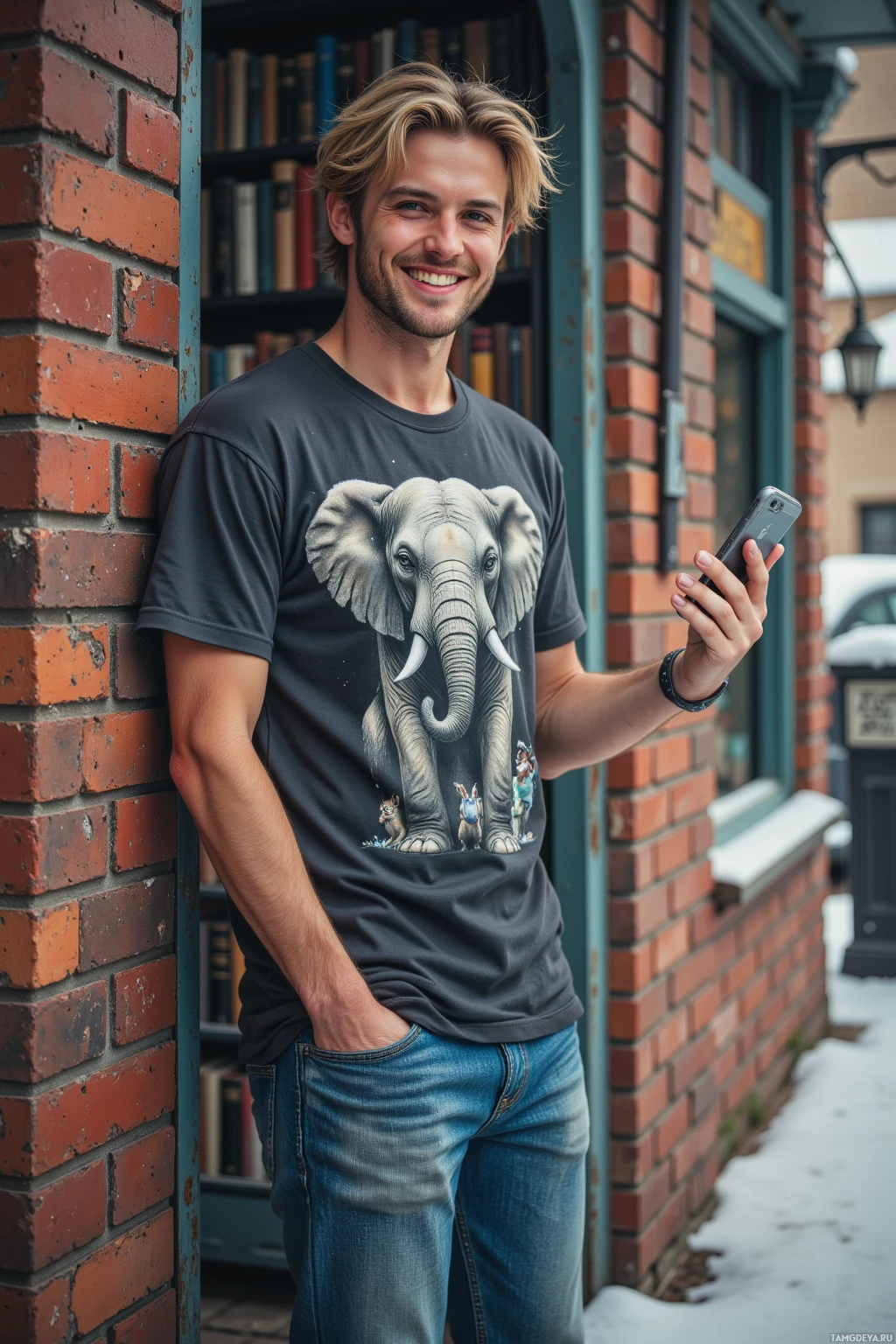 A person wearing an elephant-themed t-shirt leans against a brick wall while holding a phone.
