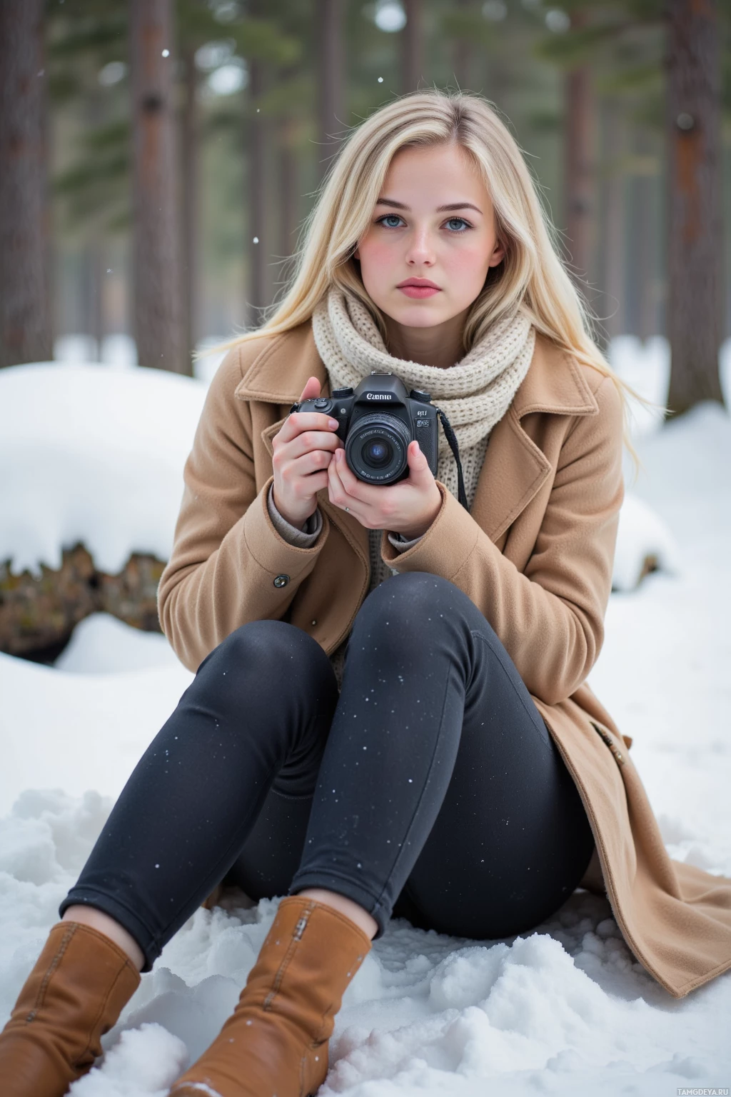 A person sits in snow holding a camera and wearing a beige coat with black leggings and brown boots.
