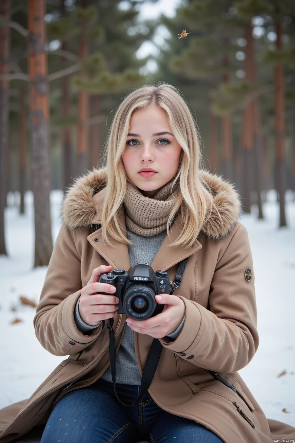 A person in a winter coat holding a camera in a snowy forest setting.