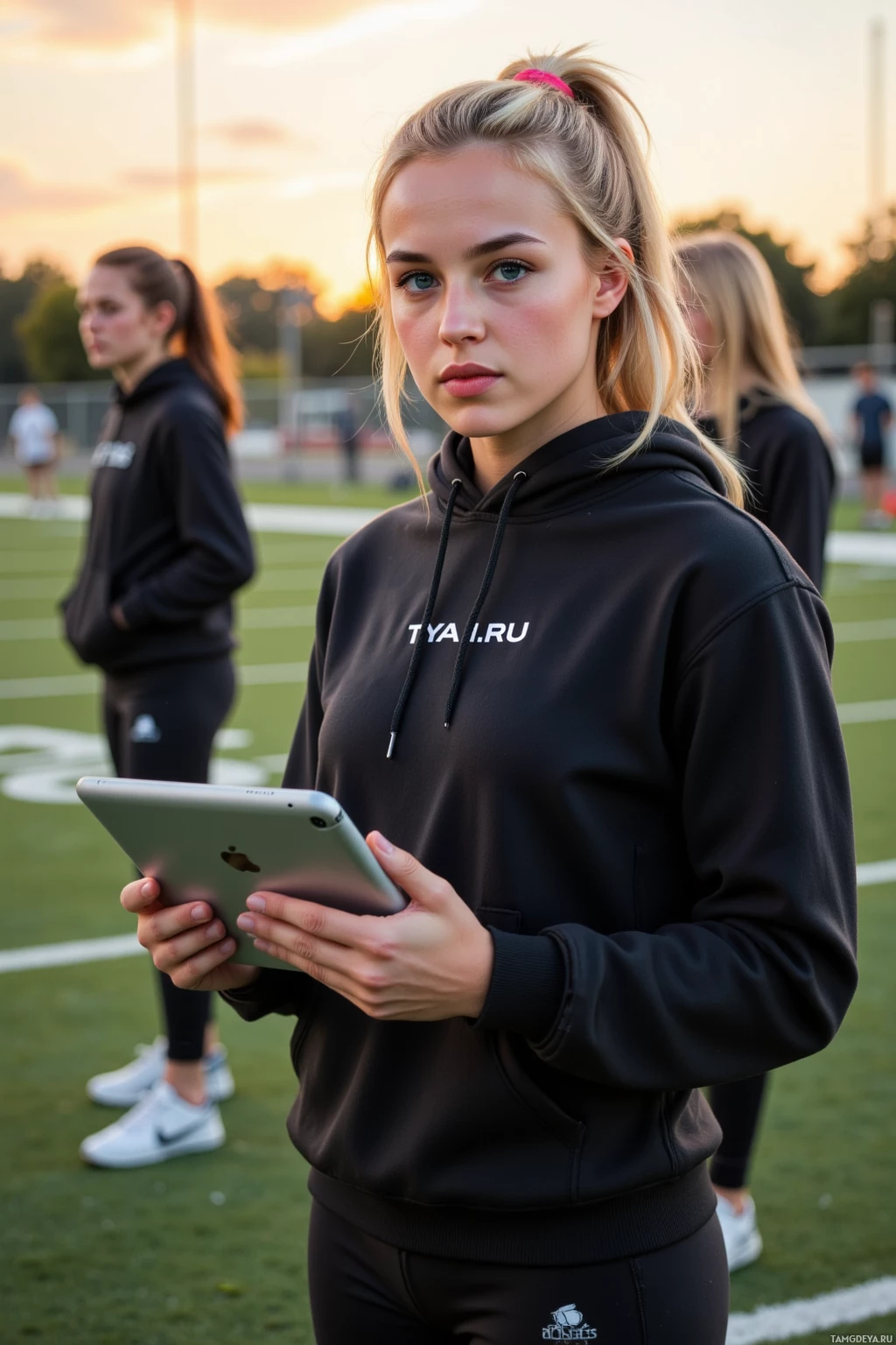 A young woman in a black hoodie holds a tablet on a sports field at sunset.