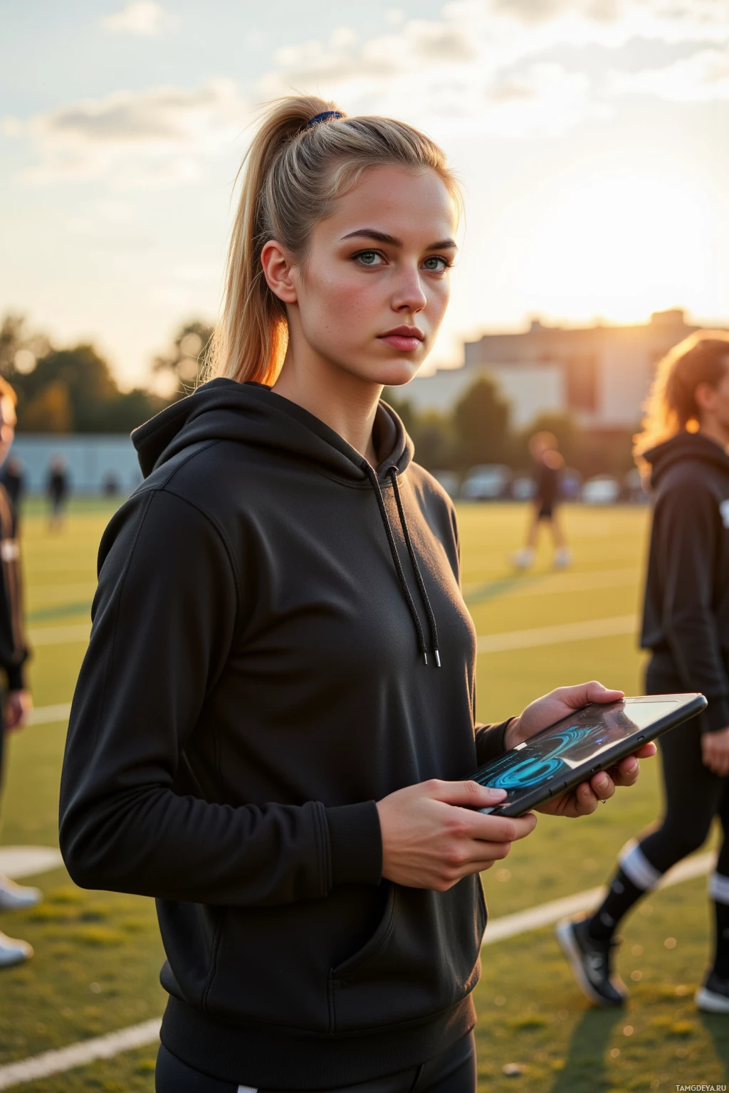 A person in a black hoodie stands on a field, holding a tablet.