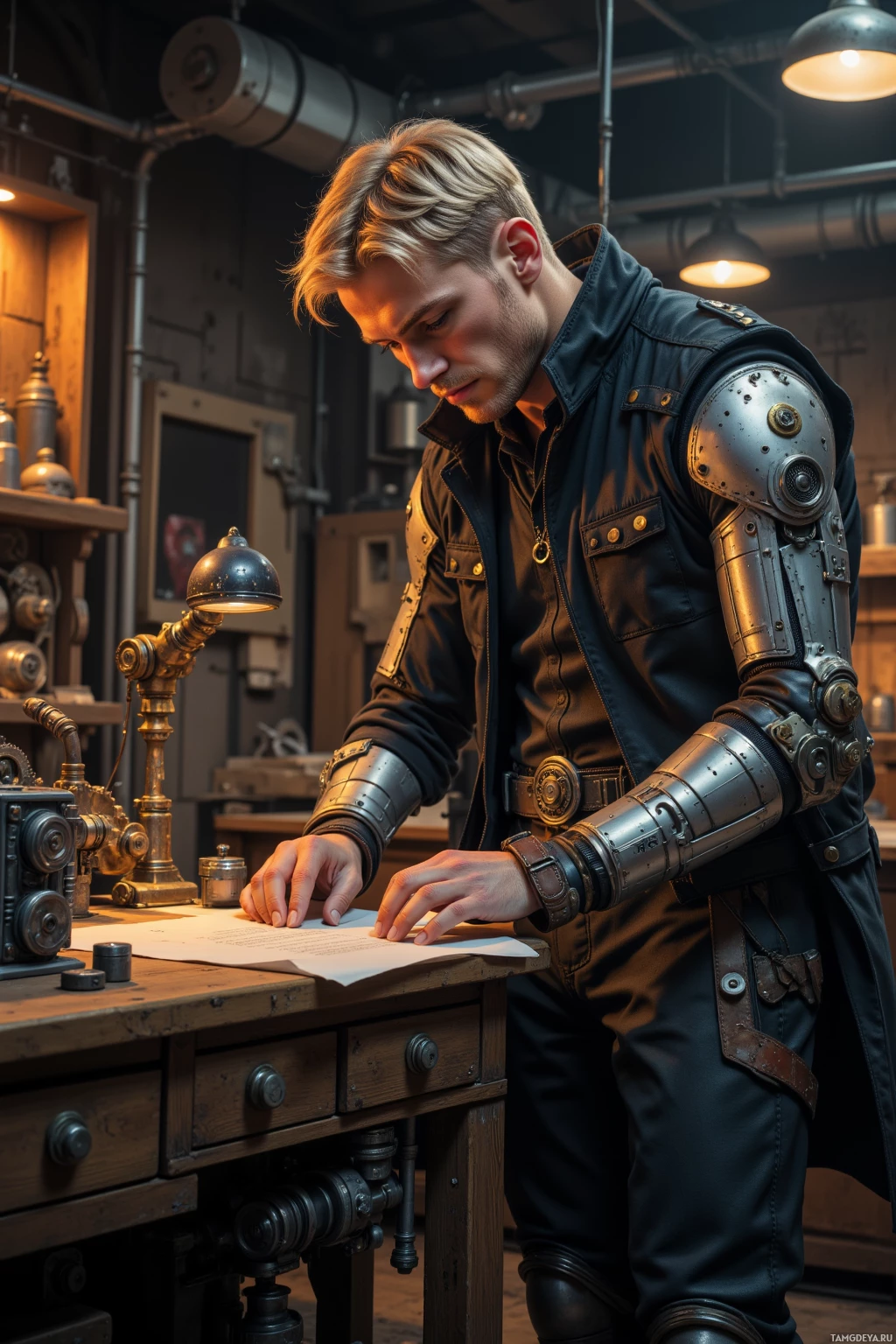 A person in a steampunk-inspired outfit is working at a desk in a workshop.