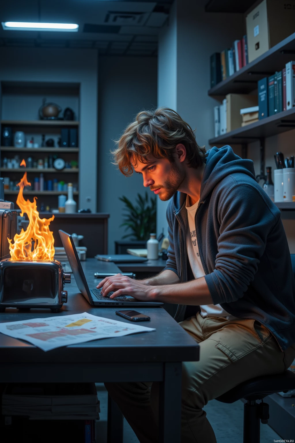 A man is working on a laptop with a toaster on fire in the background.