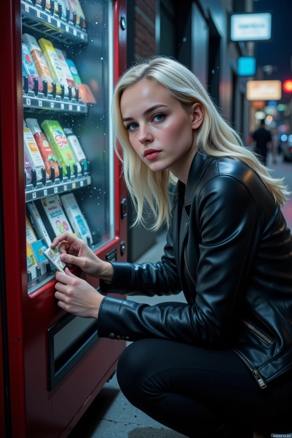 A person in a black leather jacket is using a vending machine at night.