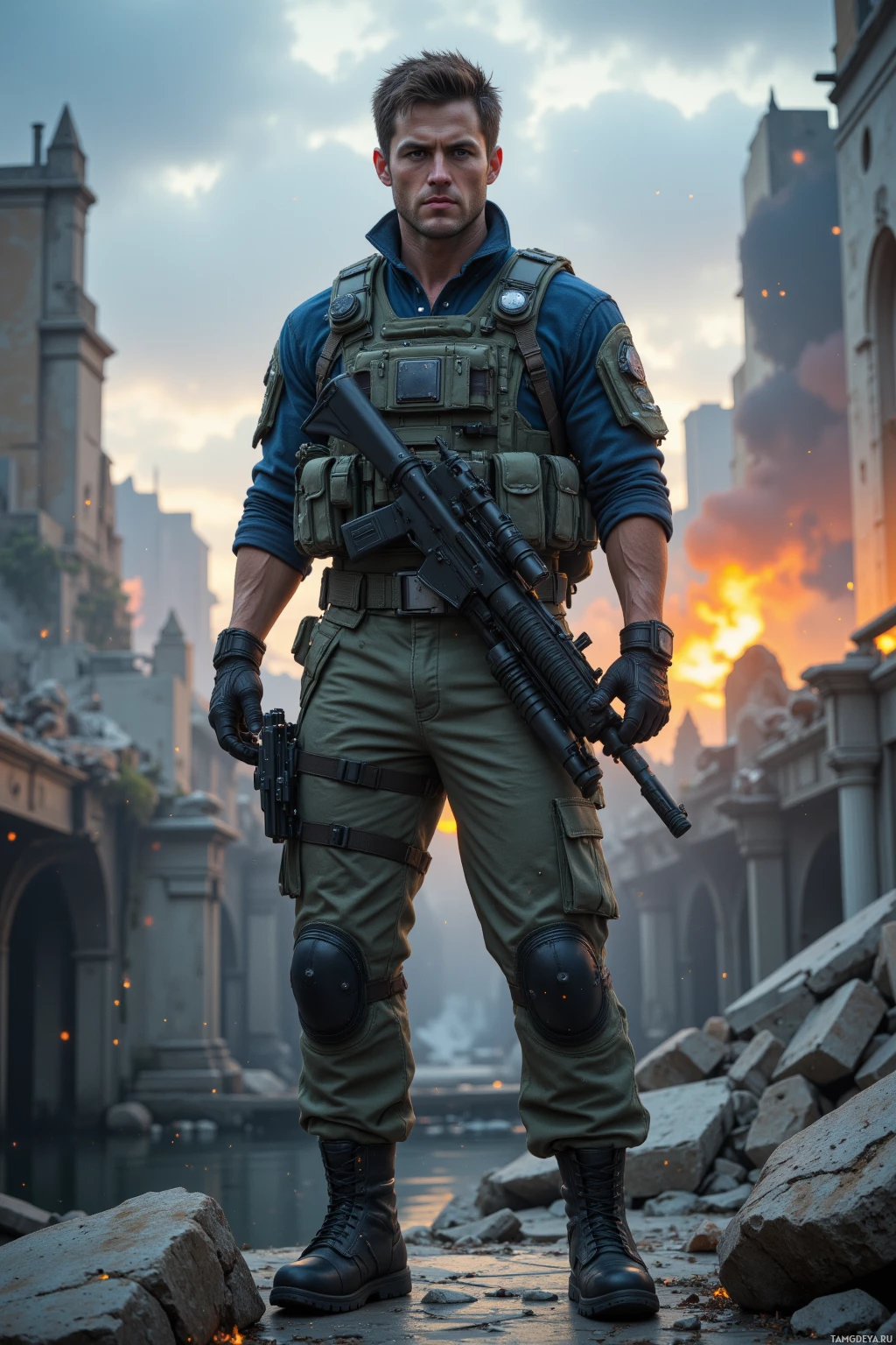 A soldier in tactical gear stands in a war-torn urban environment.