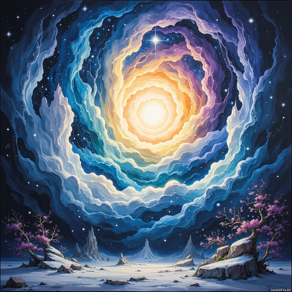 A surreal landscape with a glowing, swirling vortex in the sky and purple blossoming trees on rocky terrain.