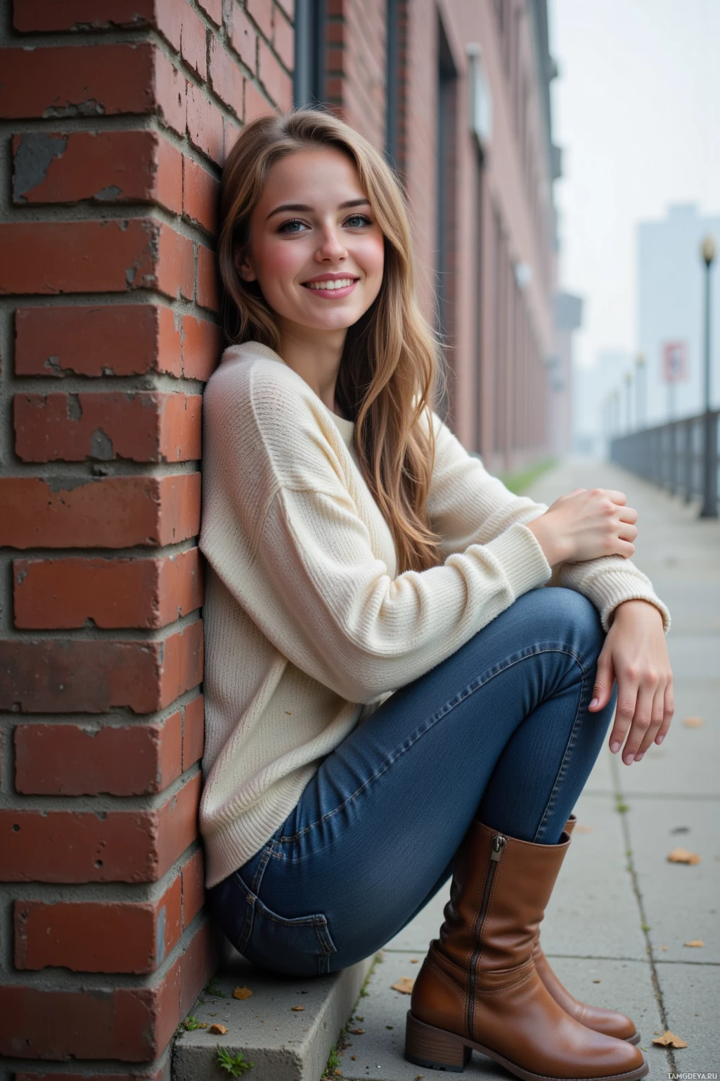 A person is sitting against a brick wall wearing a white sweater and blue jeans with brown boots.