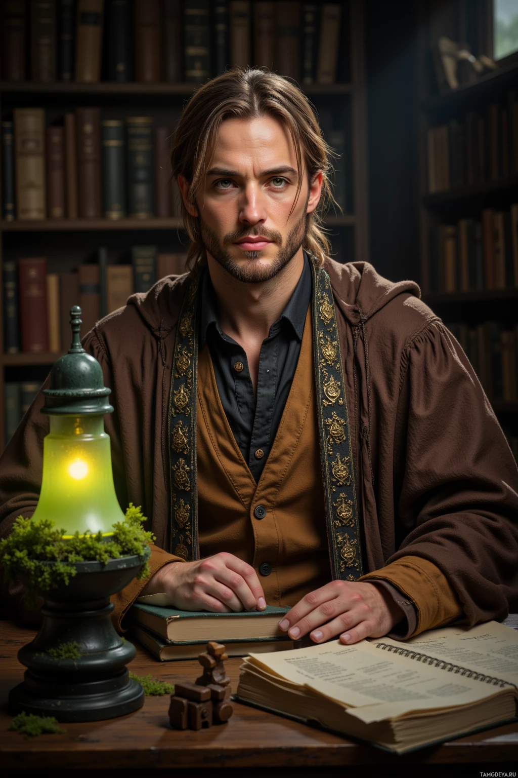 Realistic high quality photo. A 45‑year‑old scholarly man with light brown wavy hair in a loose ponytail and soft green eyes, wearing earth‑tone academic robes with gold embroidery, sits at a wooden desk in a dim study filled with stacks of ancient books and a modern notebook, illuminated by a faint green glow from a moss‑covered lamp as evening shadows lengthen across the room.