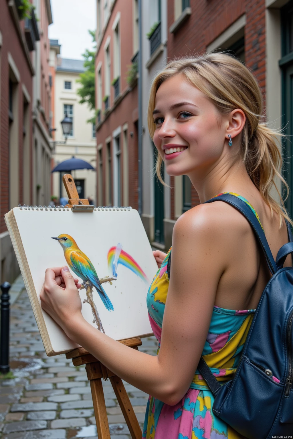 A person stands outdoors holding an easel with a painting of a colorful bird and rainbow.