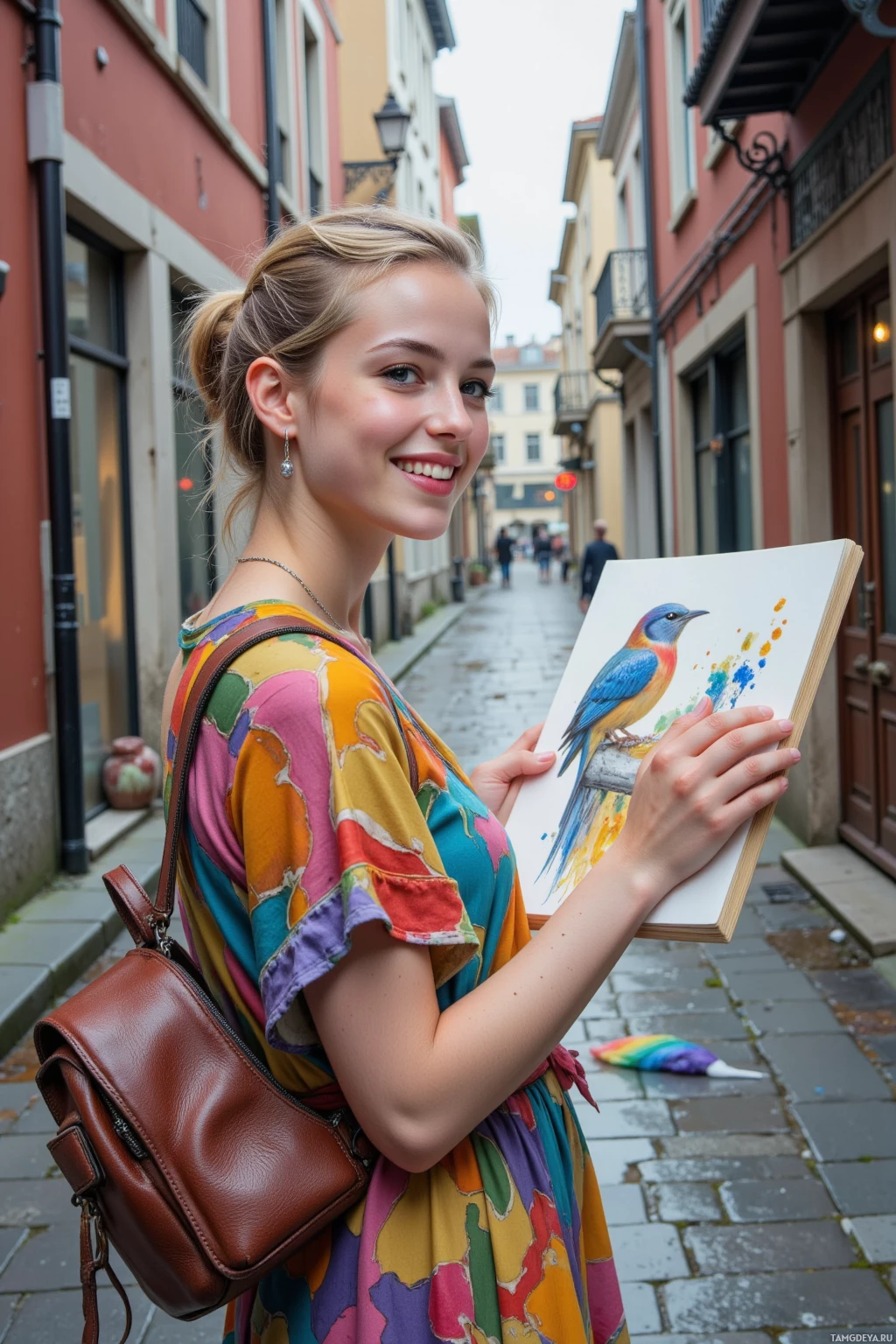 A woman smiles while holding a painting of a bird in a colorful urban alleyway.
