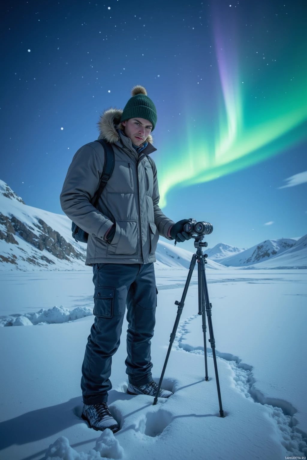 A person stands in a snowy landscape under a night sky with the Northern Lights.
