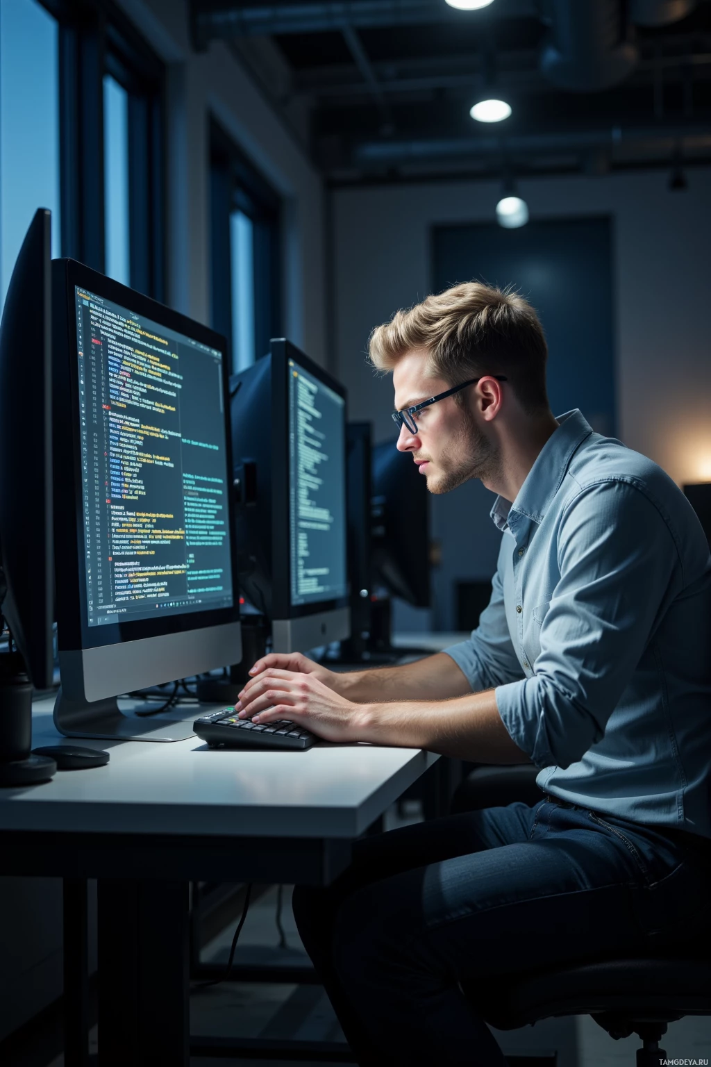 A person is working at a desk with multiple computer monitors displaying code.