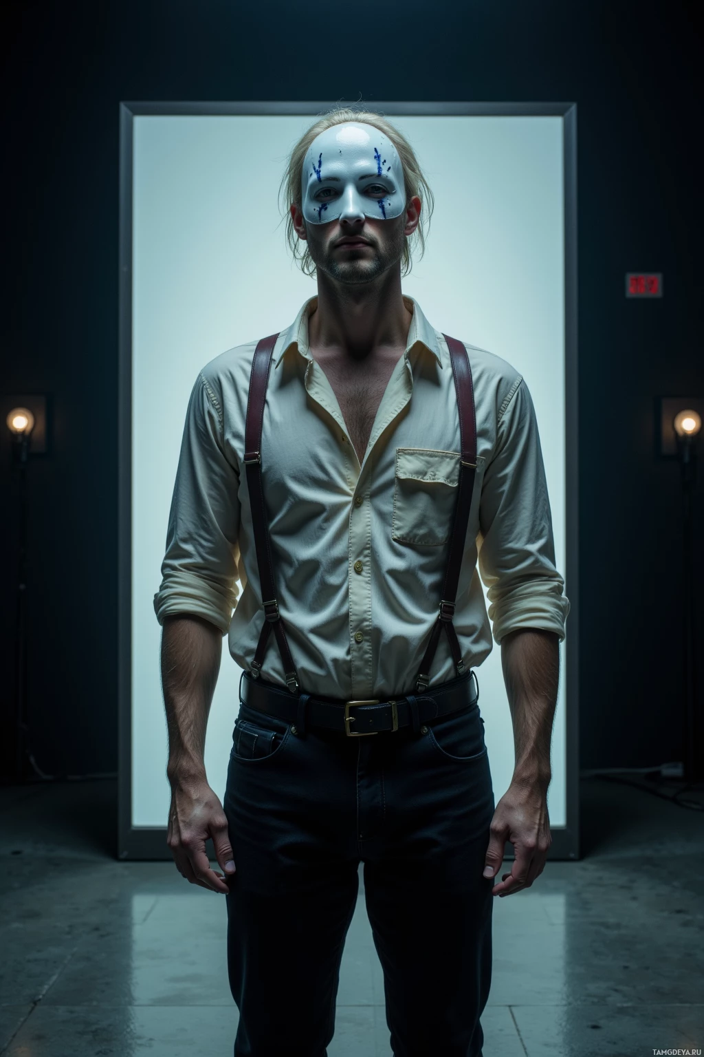 A man in a white shirt and suspenders stands in a dimly lit room.