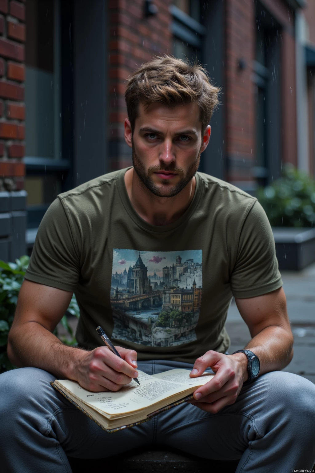 A man sits outdoors in the rain, wearing a green t-shirt and writing in a notebook.