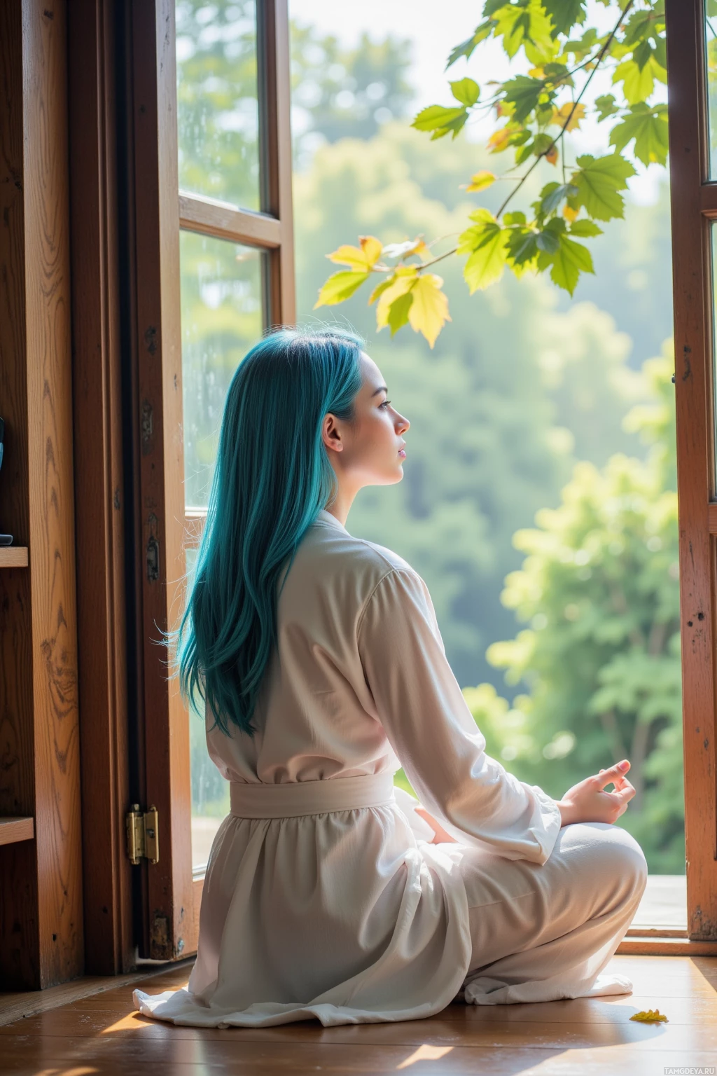 A person with teal hair sits cross-legged by a window, gazing outside.