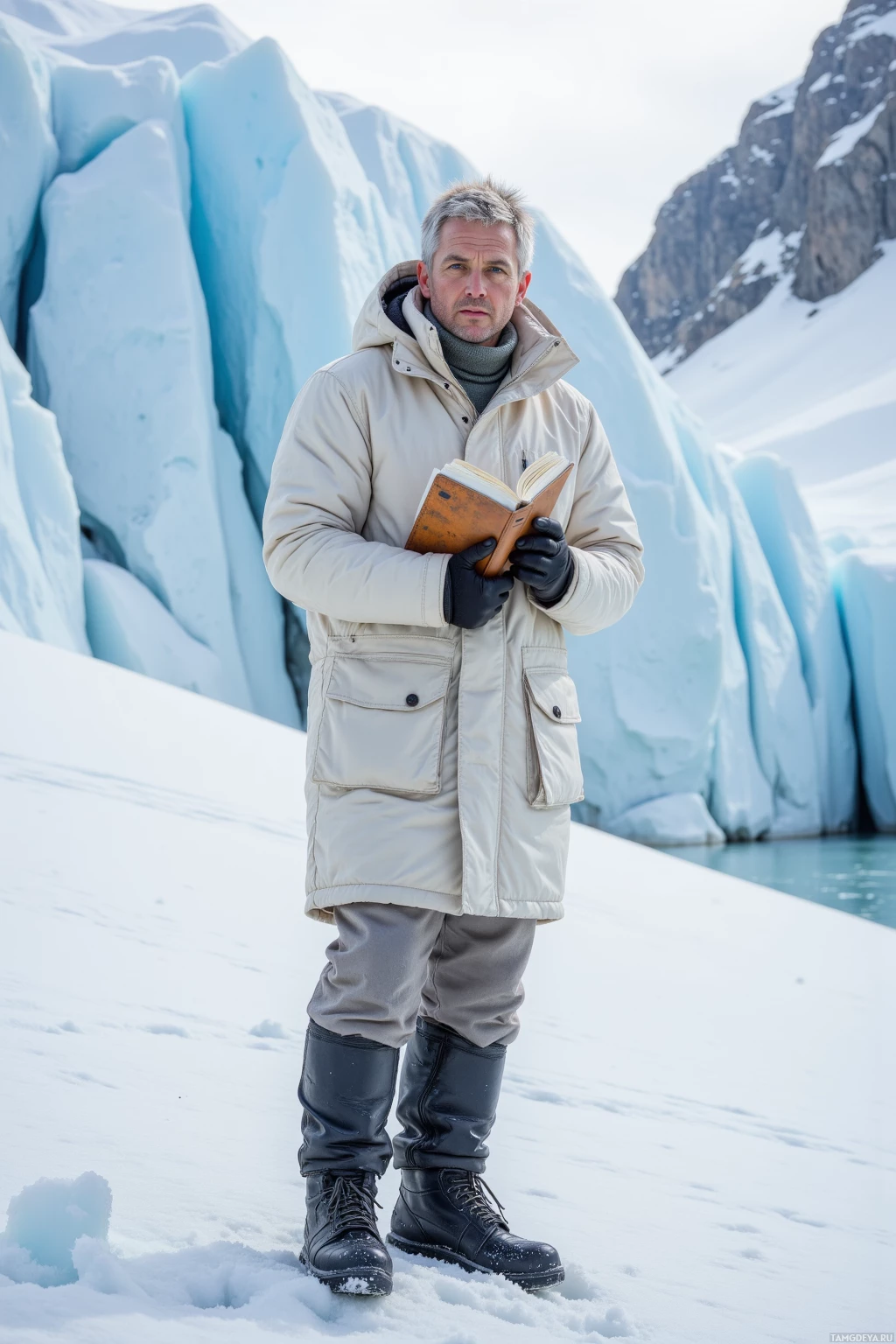 A person stands in a snowy landscape, holding a book, wearing a long beige coat, gloves, and boots.