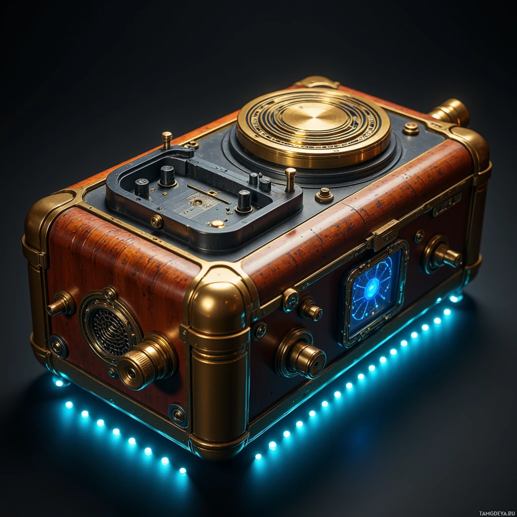 A steampunk-style device with brass and wood accents, featuring a glowing blue display and various knobs and dials.