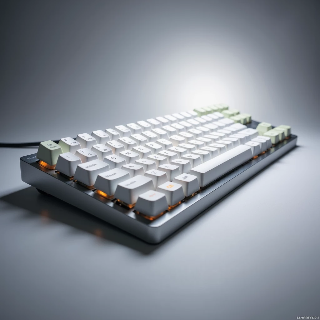 A modern mechanical keyboard with white keys and orange backlighting is shown in a minimalist setting.