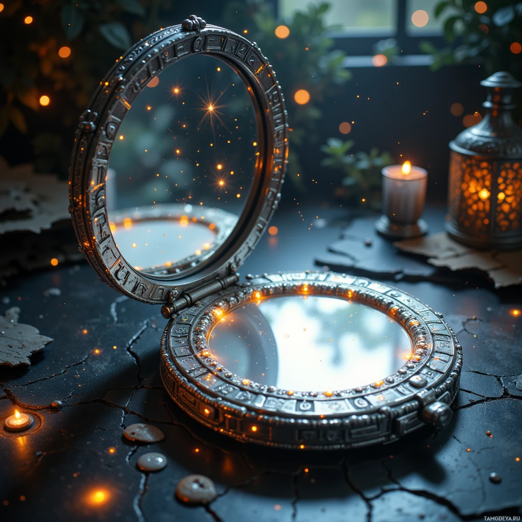 An ornate, circular mirror with glowing lights and a candle in the background.