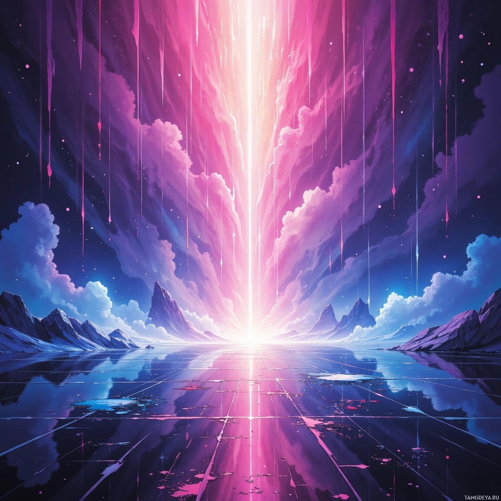 A vibrant, futuristic landscape with glowing vertical lines, reflective ground, and distant mountain peaks under a starry sky.