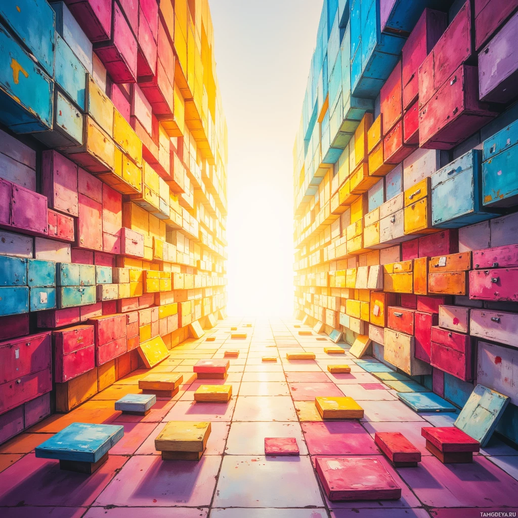 A vibrant, colorful corridor lined with stacked boxes leading towards a bright light at the end.