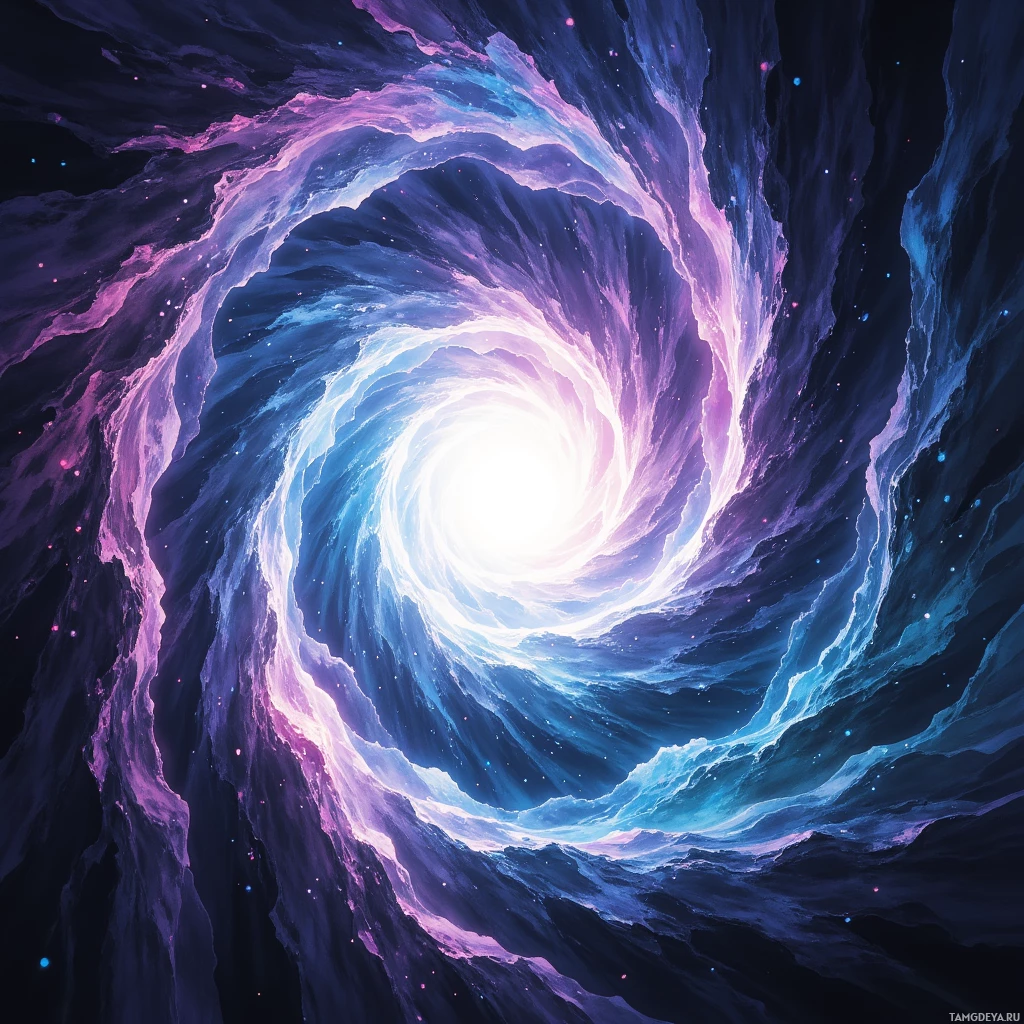 A swirling cosmic vortex with vibrant purple and blue hues against a dark background.