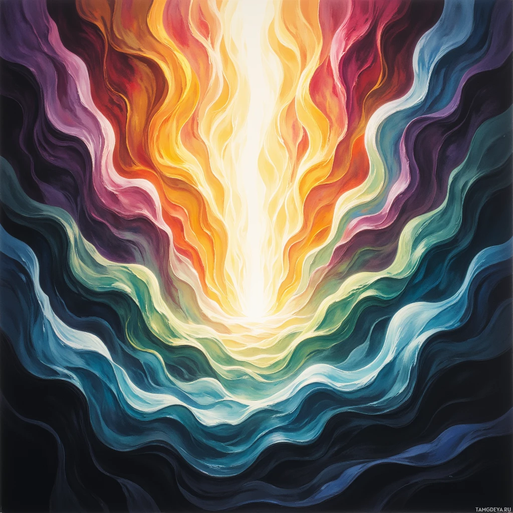 A vibrant, abstract painting featuring swirling patterns of warm and cool colors radiating outward from a bright center.