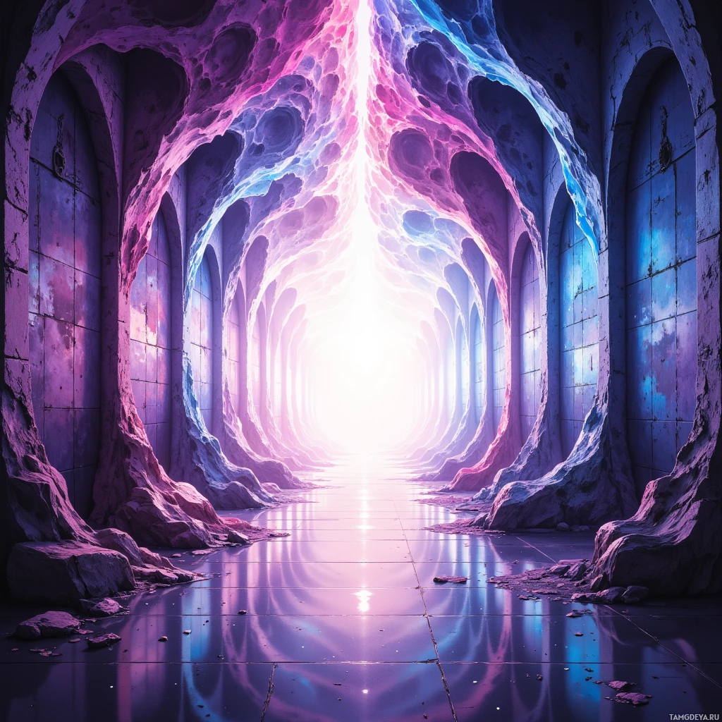 A surreal, glowing tunnel with vibrant purple and blue hues leading to a bright light at the end.