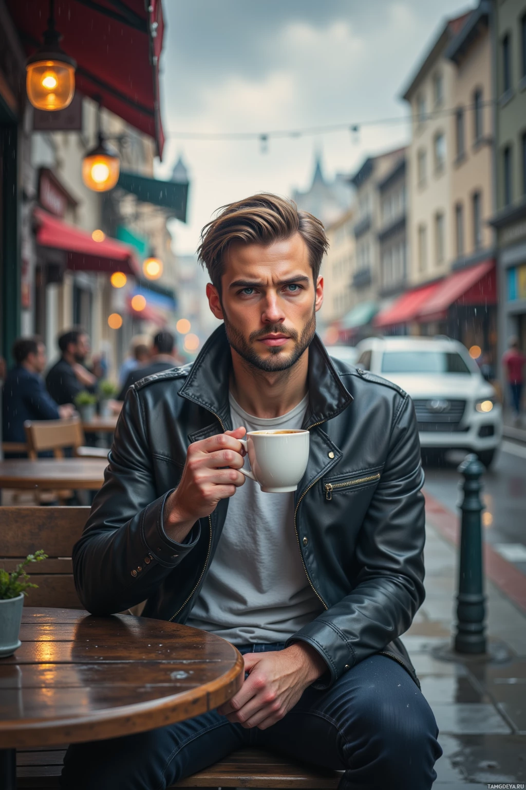 A man in a leather jacket sits at an outdoor café table, holding a cup of coffee.