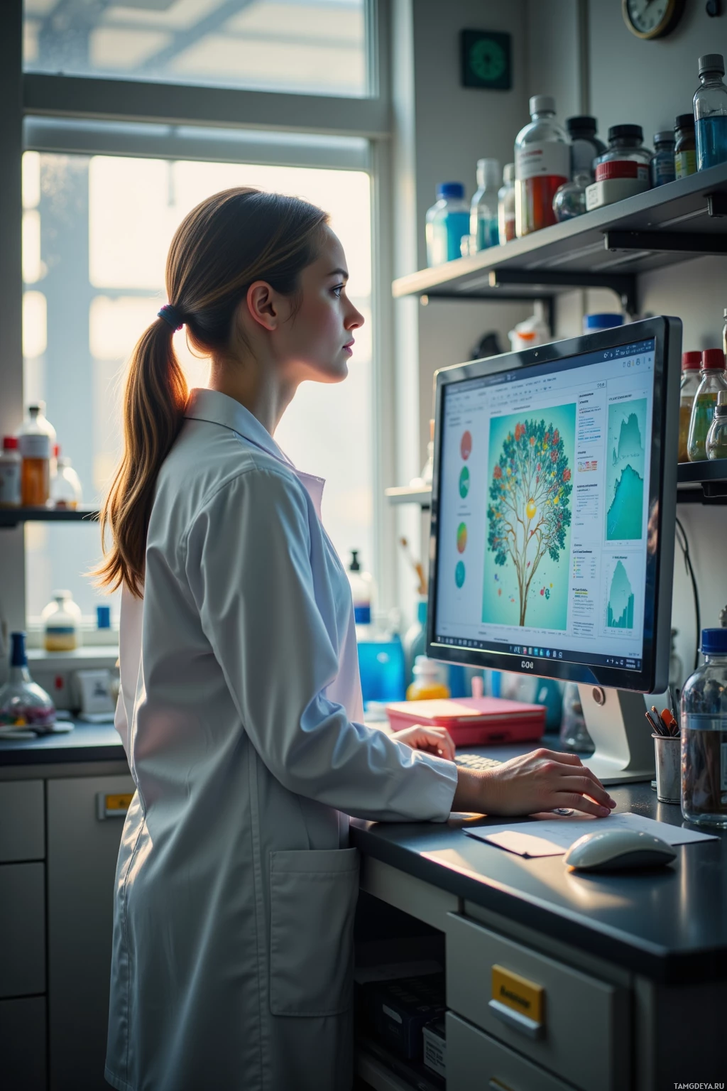 A scientist in a lab coat works at a computer in a laboratory setting.