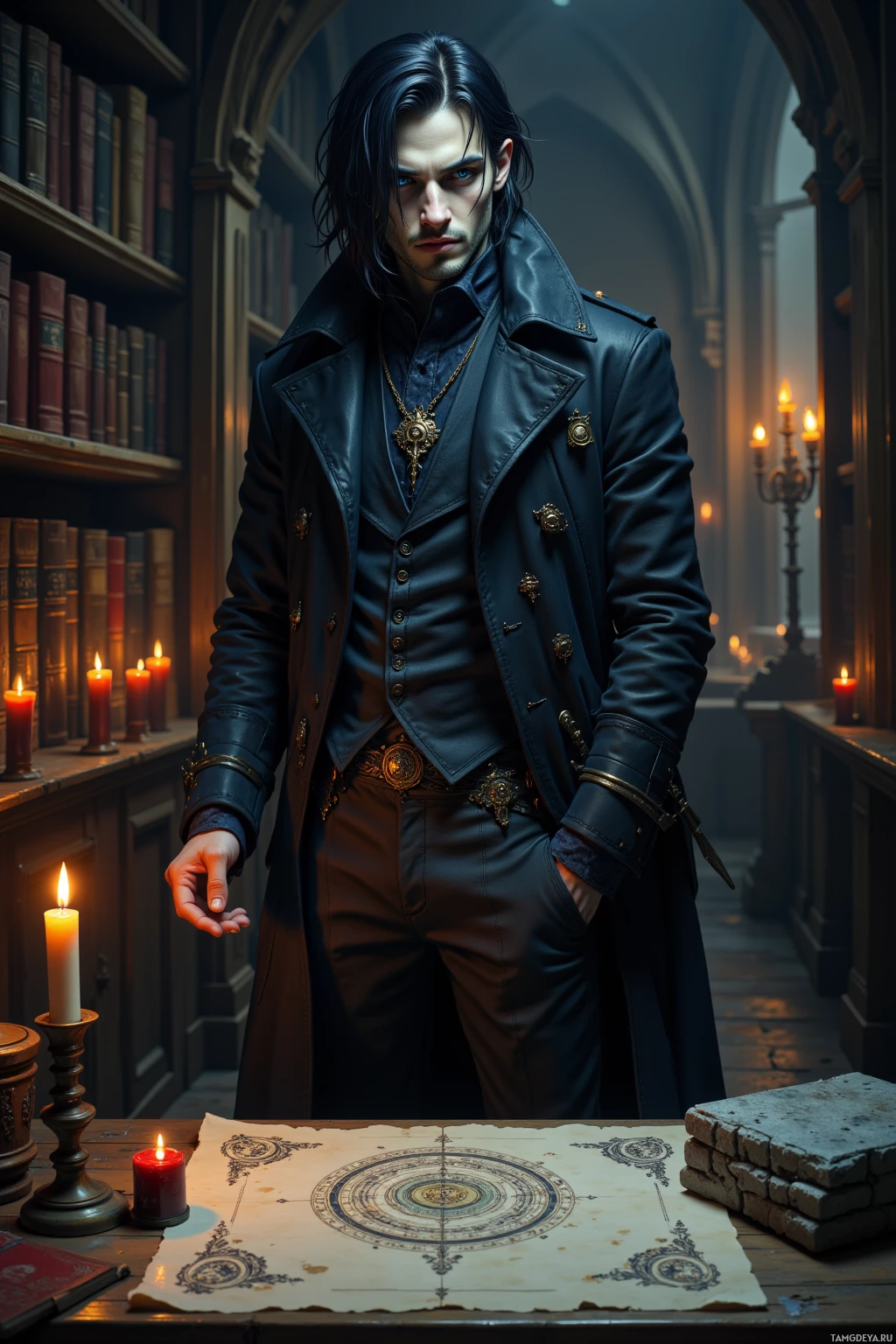 A man in a dark, ornate coat stands in a dimly lit library with candles, surrounded by bookshelves.