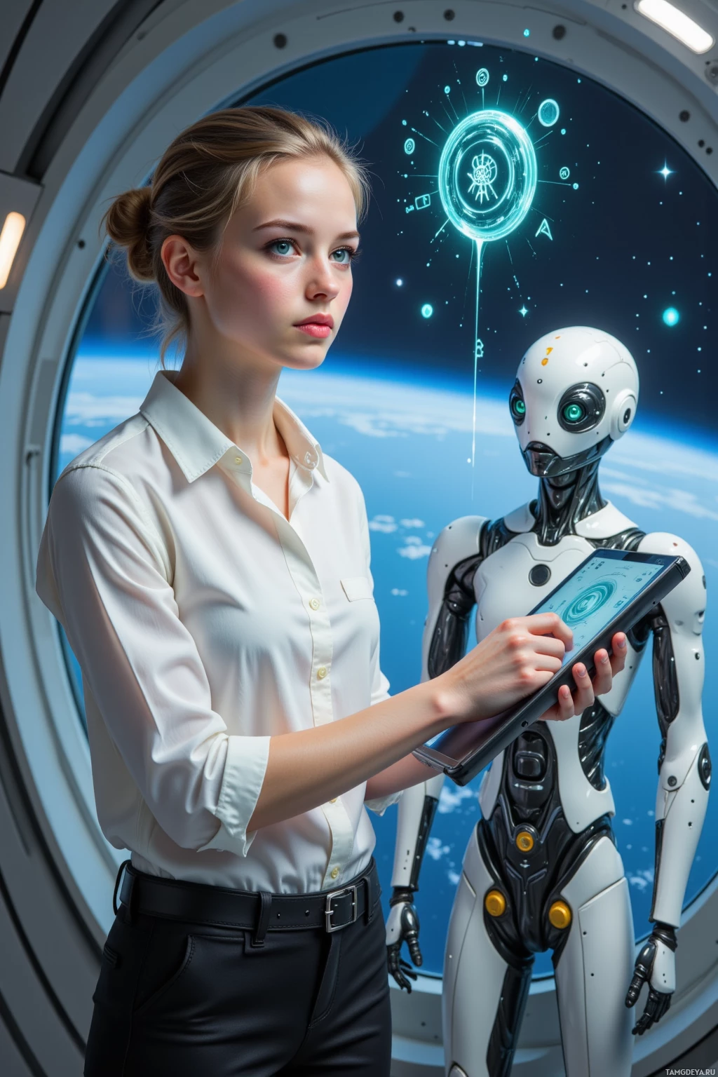 A woman in a white shirt interacts with a robot in a futuristic setting.